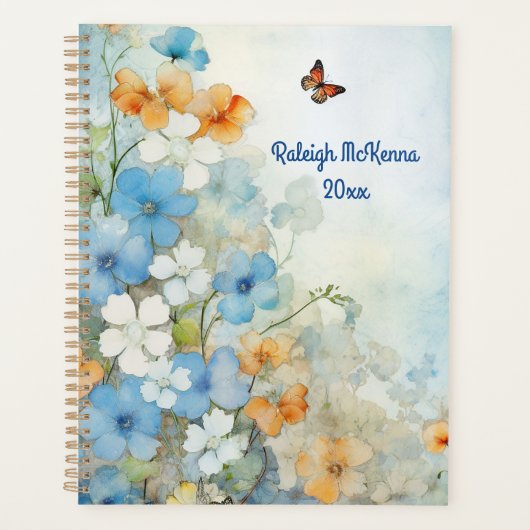 Blauwe, perzik en witte wilde bloemen Waterverf Planner (Voorkant)