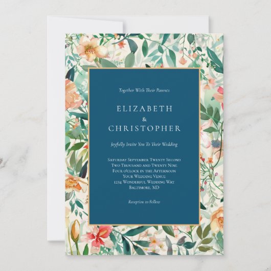 Blauwe Perzik Groene Bloemen Waterverf Elegante Br Kaart (Voorkant)