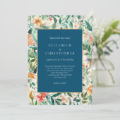 Blauwe Perzik Groene Bloemen Waterverf Elegante Br Kaart (Staand voorkant)