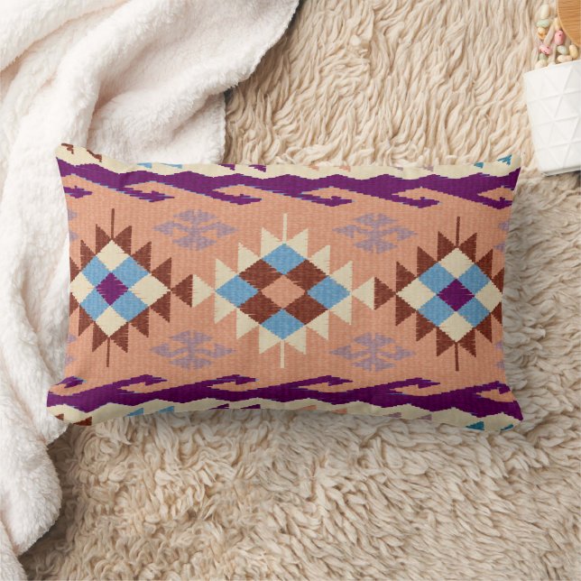 Blauwe Perzik Violet Oosters Kilim Tapijt Kussen (Deken)