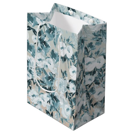 Blauwe perzik Witte Bloemen Medium Cadeauzakje (Voorkant Gekanteld)