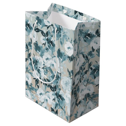 Blauwe perzik Witte Bloemen Medium Cadeauzakje (Achterkant Gekanteld)