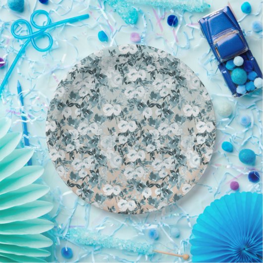 Blauwe perzik Witte Bloemen Papieren Bordje (Feest)