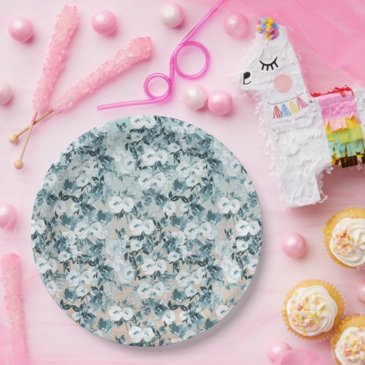 Blauwe perzik Witte Bloemen Papieren Bordje (Feest)