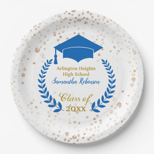Blauwe Pet en Laurel Graduation Party Papieren Bordje (Voorkant)
