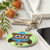 Blauwe Pet Owl met Blue Scarf Button Sleutelhanger (Zijkant)