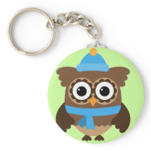 Blauwe Pet Owl met Blue Scarf Button Sleutelhanger