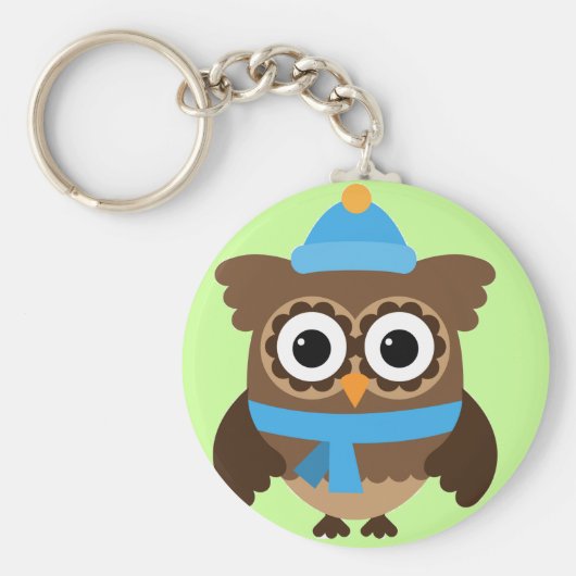 Blauwe Pet Owl met Blue Scarf Button Sleutelhanger (Voorkant)