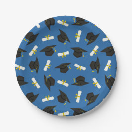 Blauwe petten diploma's patroon afstudeerfeest papieren bordje