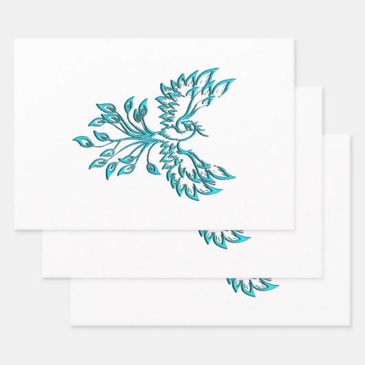 Blauwe Phoenix Rijst op Wit Inpakpapier Vel (Set)