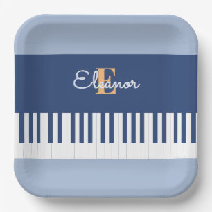 Blauwe Piano Toetsenbord Muziek Sleutels Monogramm Papieren Bordje
