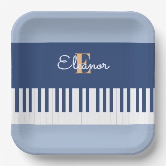 Blauwe Piano Toetsenbord Muziek Sleutels Monogramm Papieren Bordje (Voorkant)