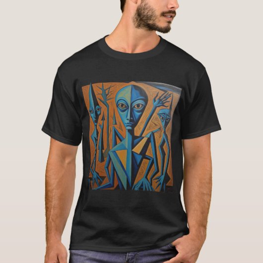 Blauwe Picasso Alien Kunst T-shirt (Voorkant)