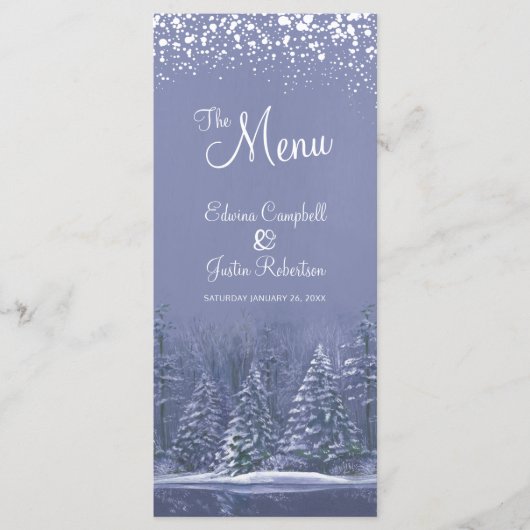 Blauwe pijnbomen geverfd witte sneeuw winterbruilo menu (Voorkant)