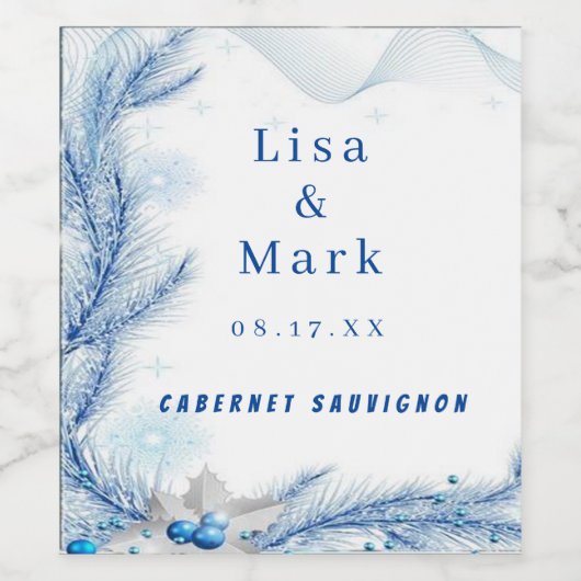Blauwe Pine Winter Kerstmis Bruiloft Wijn Labels Wijn Etiket (Enkel label)