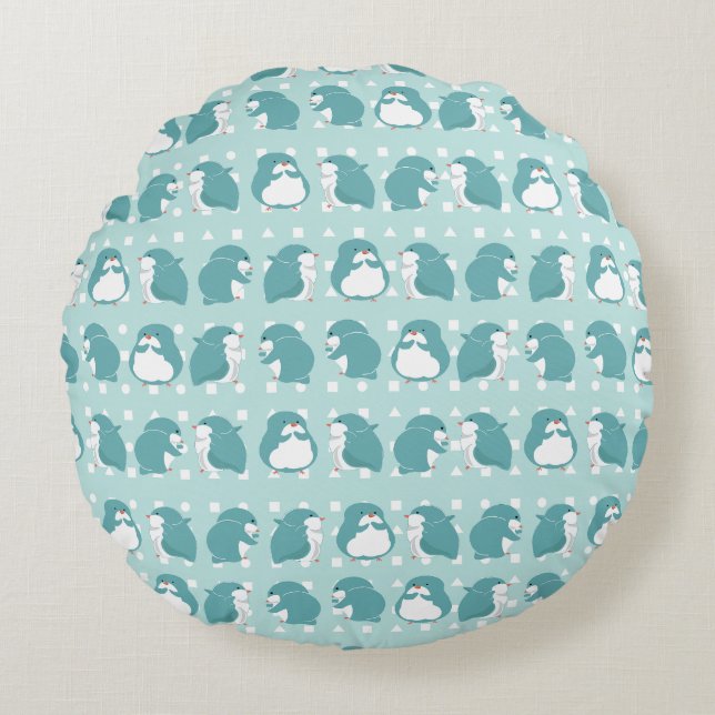 Blauwe Pinguïn patroon Rond Kussen (Voorkant)
