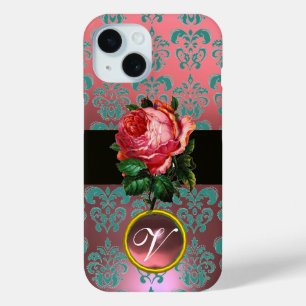 BLAUWE PINK ROSE BLAUW BLAUWGROEN DAMASKGEM MONOGR iPhone 15 CASE