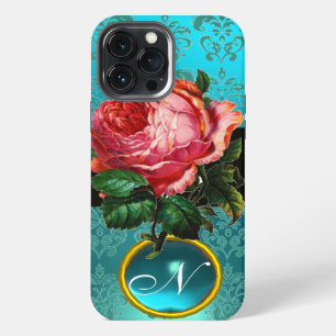 BLAUWE PINK ROSE BLAUW BLAUWGROEN DAMASKGEM MONOGR iPhone 13 PRO MAX HOESJE