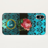 BLAUWE PINK ROSE BLAUW ZWARTE DAMASK GEM MONOGRAM Case-Mate iPhone CASE (Achterkant (horizontaal))