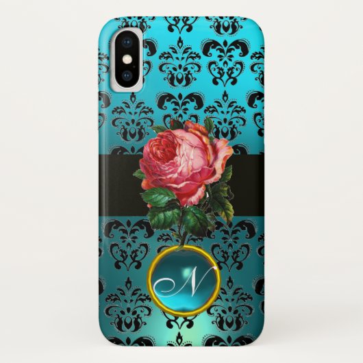 BLAUWE PINK ROSE BLAUW ZWARTE DAMASK GEM MONOGRAM Case-Mate iPhone CASE (Achterkant)