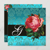 BLAUWE PINKROSE BLAUWE DAMASKMONOGRAM KAART (Voorkant / Achterkant)