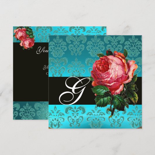 BLAUWE PINKROSE BLAUWE DAMASKMONOGRAM KAART (Voorkant / Achterkant)