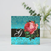 BLAUWE PINKROSE BLAUWE DAMASKMONOGRAM KAART (Staand voorkant)