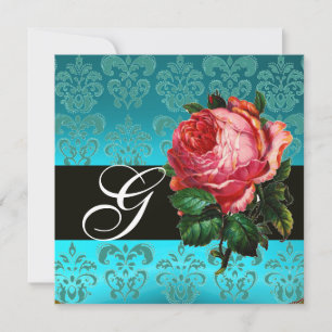 BLAUWE PINKROSE BLAUWE DAMASKMONOGRAM KAART
