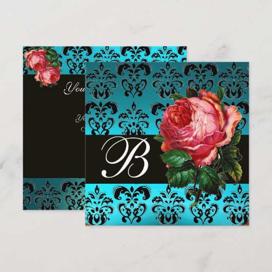 BLAUWE PINKROSE BLAUWE DAMASKMONOGRAM KAART (Voorkant / Achterkant)