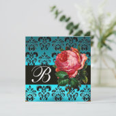 BLAUWE PINKROSE BLAUWE DAMASKMONOGRAM KAART (Staand voorkant)