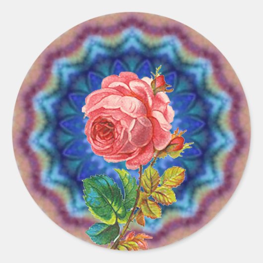 BLAUWE PINKROSE IN BLAUWE PSYCHEDELIC CIRCLS RONDE STICKER (Voorkant)