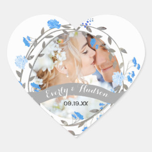 Blauwe Pioen Bloemen Krans Bruiloft Hart Sticker