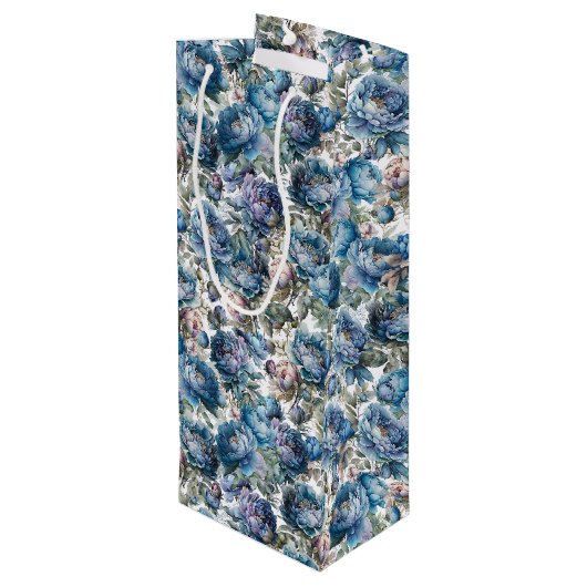 Blauwe pioen bloemmotief Happy Moederdag Wijn Cadeautas (Achterkant Gekanteld)