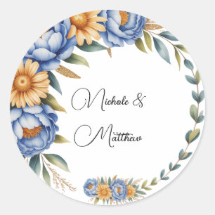 Blauwe pioen en gele madeliefjes arrangement bruil ronde sticker