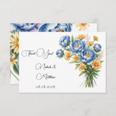 Blauwe pioen en gele madeliefjes bruiloft bedankkaart (Voorkant / Achterkant)