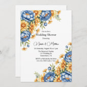 Blauwe pioen en gele madeliefjes bruiloft douche kaart (Voorkant / Achterkant)