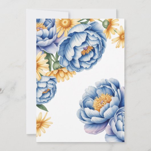 Blauwe pioen en gele madeliefjes brunch & bubble kaart (Achterkant)