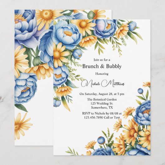 Blauwe pioen en gele madeliefjes brunch & bubble kaart (Voorkant / Achterkant)