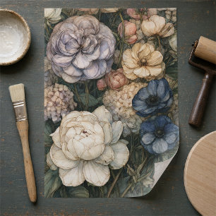 Blauwe Pioen- en Hortensia Bloemen in Vintage Stij Tissuepapier