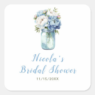 Blauwe Pioen Mason Jar Bruidsdouche Vierkante Sticker