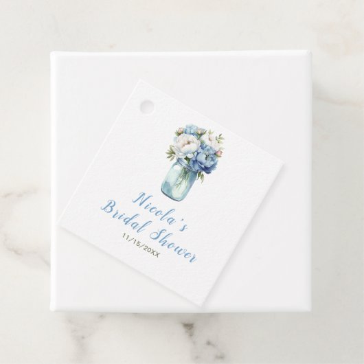 Blauwe Pioen Mason Jar Bruidsmeisje Borrel Bedankjes Labels (In situ)