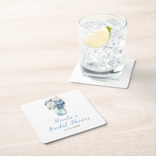 Blauwe Pioen Mason Pot Bruiloftsborrel Kartonnen Onderzetters (Insitu)