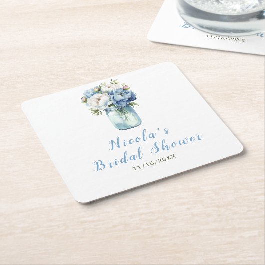 Blauwe Pioen Mason Pot Bruiloftsborrel Kartonnen Onderzetters (Schuin)