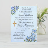 Blauwe pioen op blauwe bruiloft suite uitnodiging (Staand voorkant)