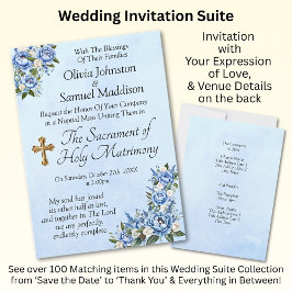 Blauwe pioen op blauwe bruiloft suite uitnodiging