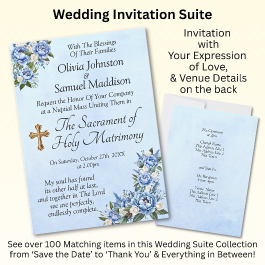 Blauwe pioen op blauwe bruiloft suite uitnodiging