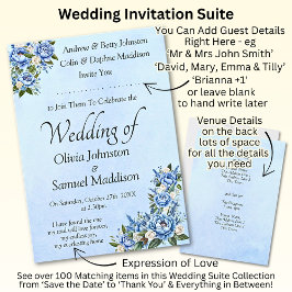 Blauwe pioen op blauwe bruiloft suite uitnodiging