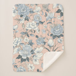 Blauwe Pioen Roze Botanische Vintage Bloemen Sherpa Deken
