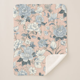 Blauwe Pioen Roze Botanische Vintage Bloemen Sherpa Deken