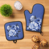 Blauwe pioenen bloemig elegant ovenwant & pannenlap set (Top down)